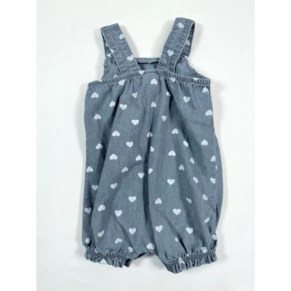 CARTERS Baby Girl Chambray Romper 9M Blue Heart Print Sweet‎ Cottagecore Summer